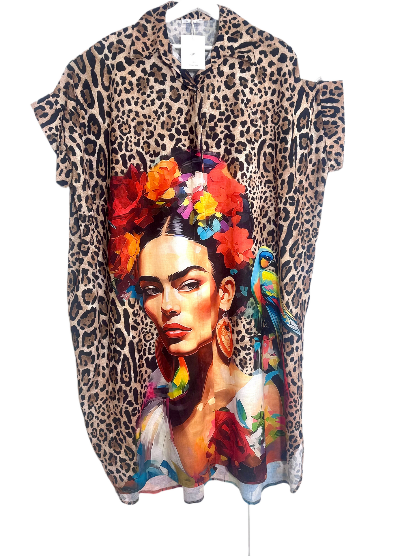 Frida Kahlo and Parrot Print Dress - Made in Italy (One Size Fits Up to 22/2XL)