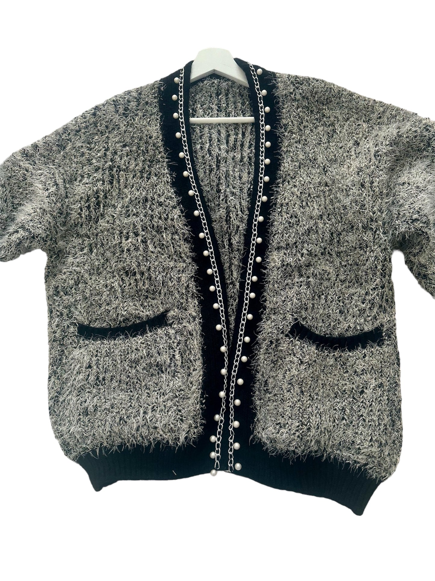 Premium Black Women's Cardigan with Gold and Pearl Details - Made in Italy (One Size Fits Up to Size 16)