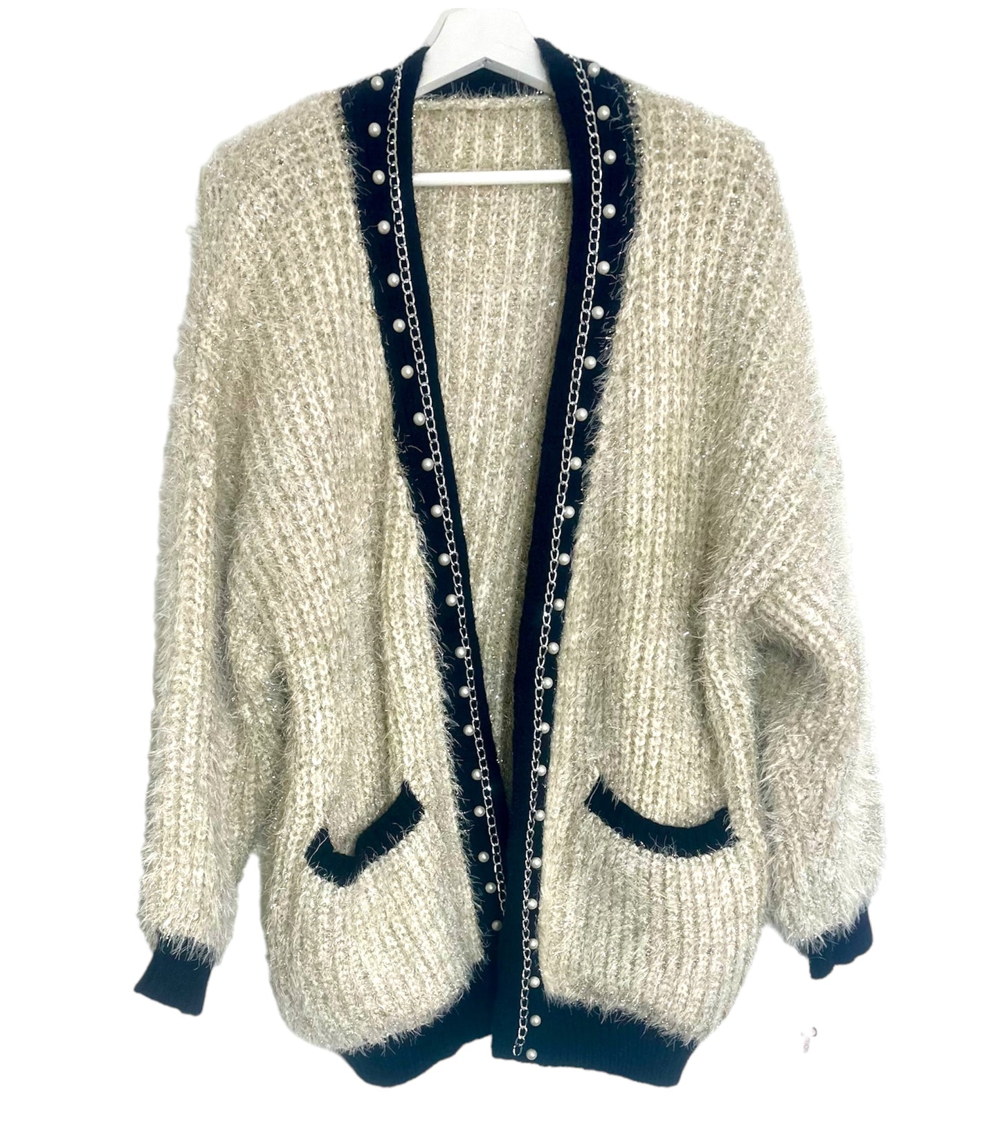 Premium Beige Women's Cardigan with Gold and Pearl Details - Made in Italy (One Size Fits Up to Size 16)