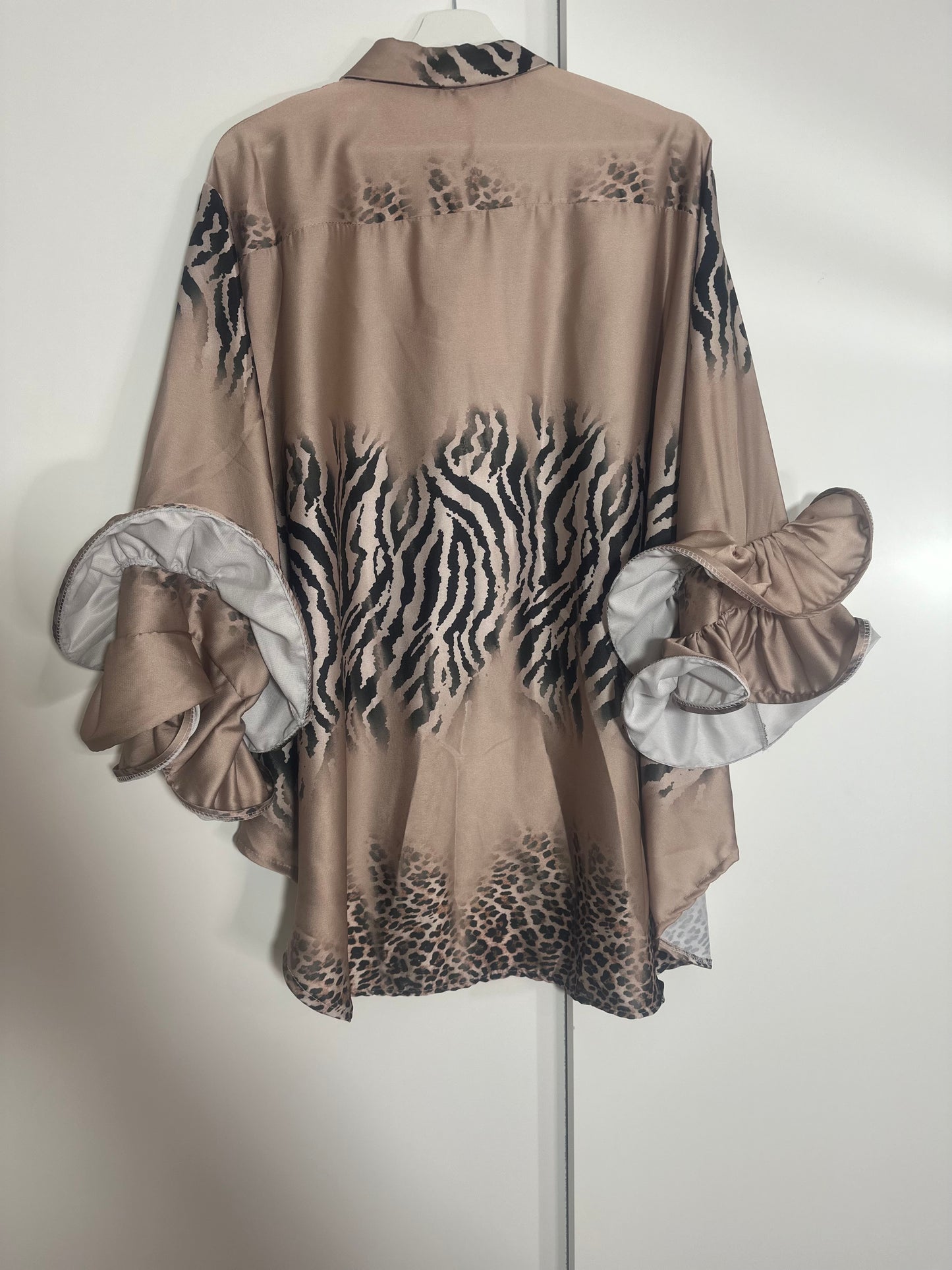 Gold zebra and leopard print satin shirt with frill sleeves- Made in Italy (one size up to 20/2xl)