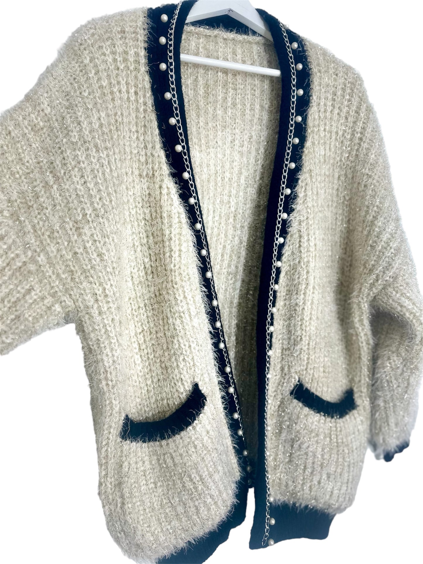 Premium Beige Women's Cardigan with Gold and Pearl Details - Made in Italy (One Size Fits Up to Size 16)