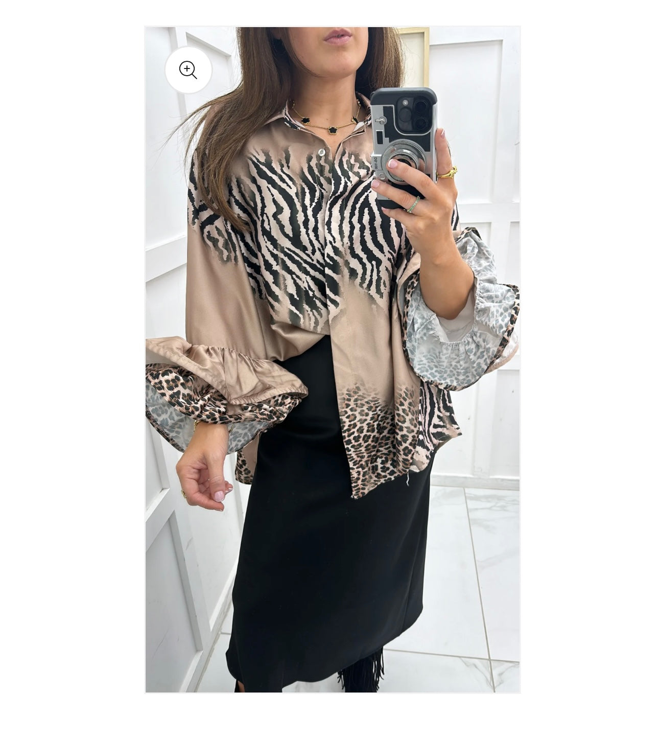 Gold zebra and leopard print satin shirt with frill sleeves- Made in Italy (one size up to 20/2xl)