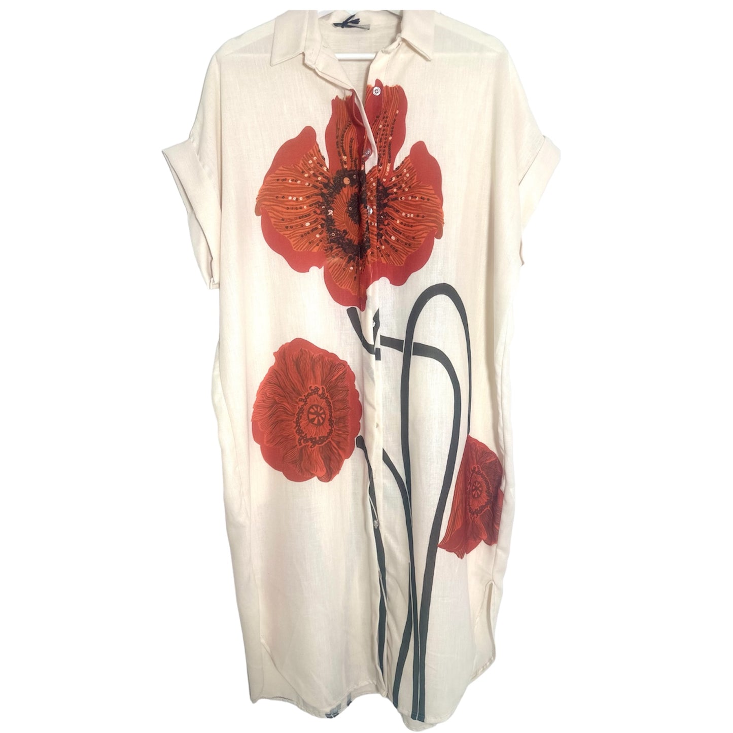 Beige Lenin Red Flowers Dress - (One Size Fits Up to 18/Xl)