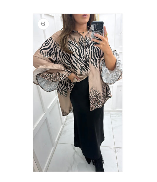 Gold zebra and leopard print satin shirt with frill sleeves- Made in Italy (one size up to 20/2xl)