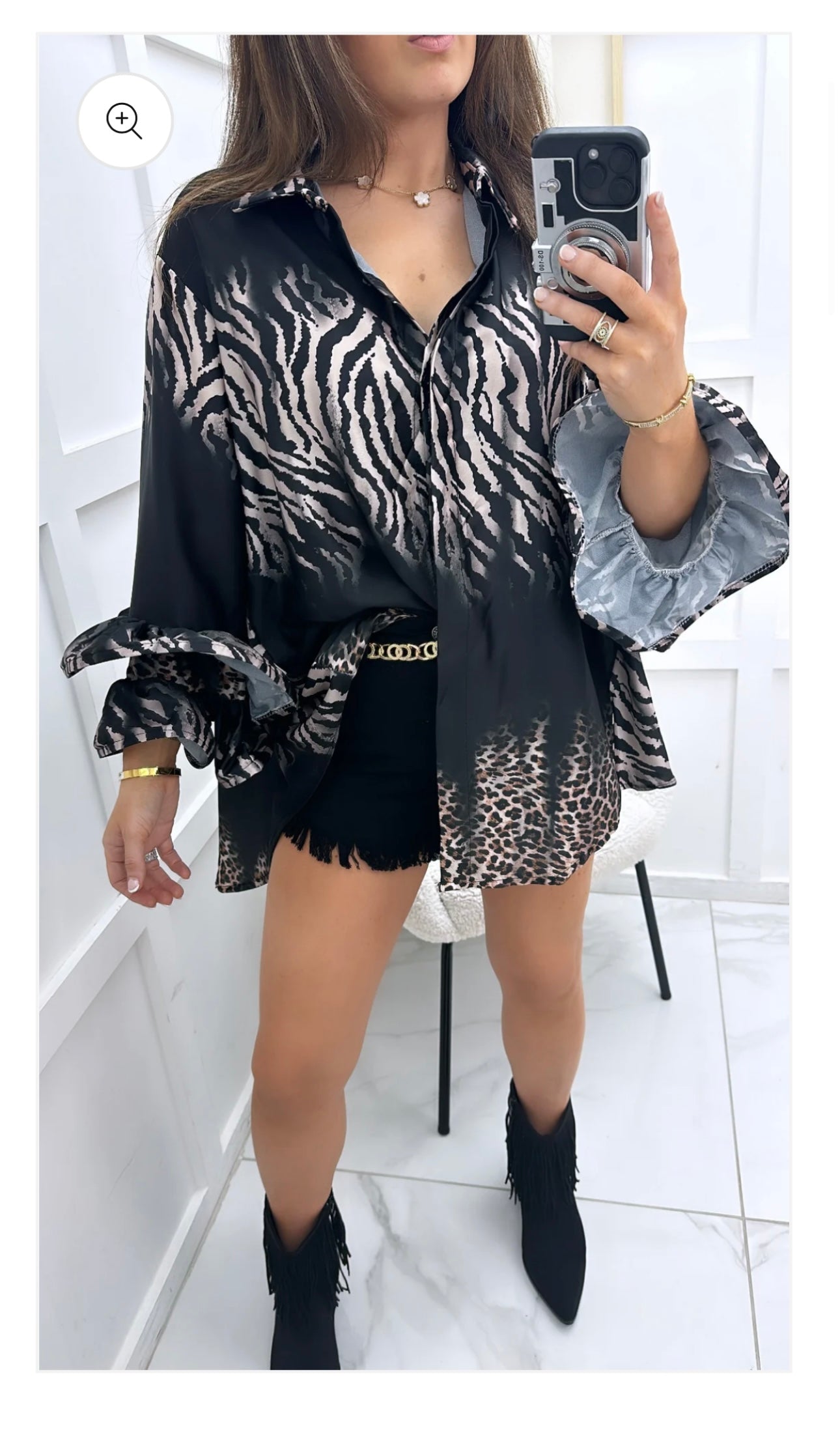 Black zebra and leopard print satin shirt with frill sleeves. Made in Italy (Fits Up to Size 20)