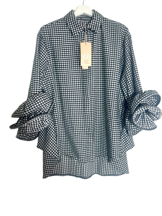 Warm Black and white check longline shirt with frill sleeves - Made in Italy (Fits Up to Size 22/2xl)