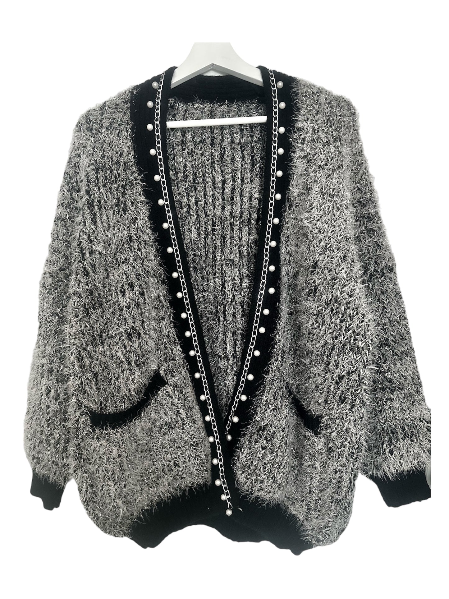 Premium Black Women's Cardigan with Gold and Pearl Details - Made in Italy (One Size Fits Up to Size 16)