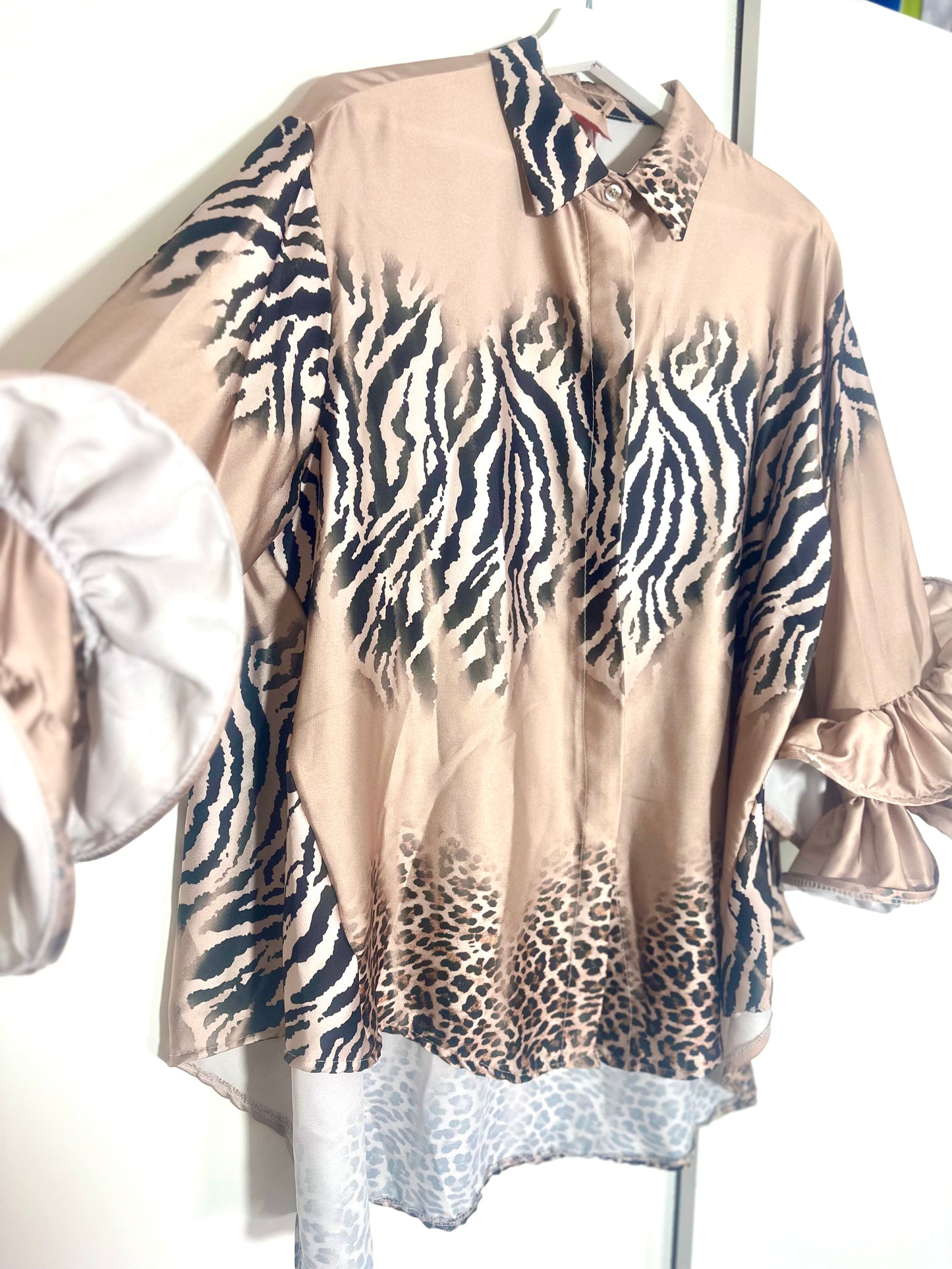 Gold zebra and leopard print satin shirt with frill sleeves- Made in Italy (one size up to 20/2xl)