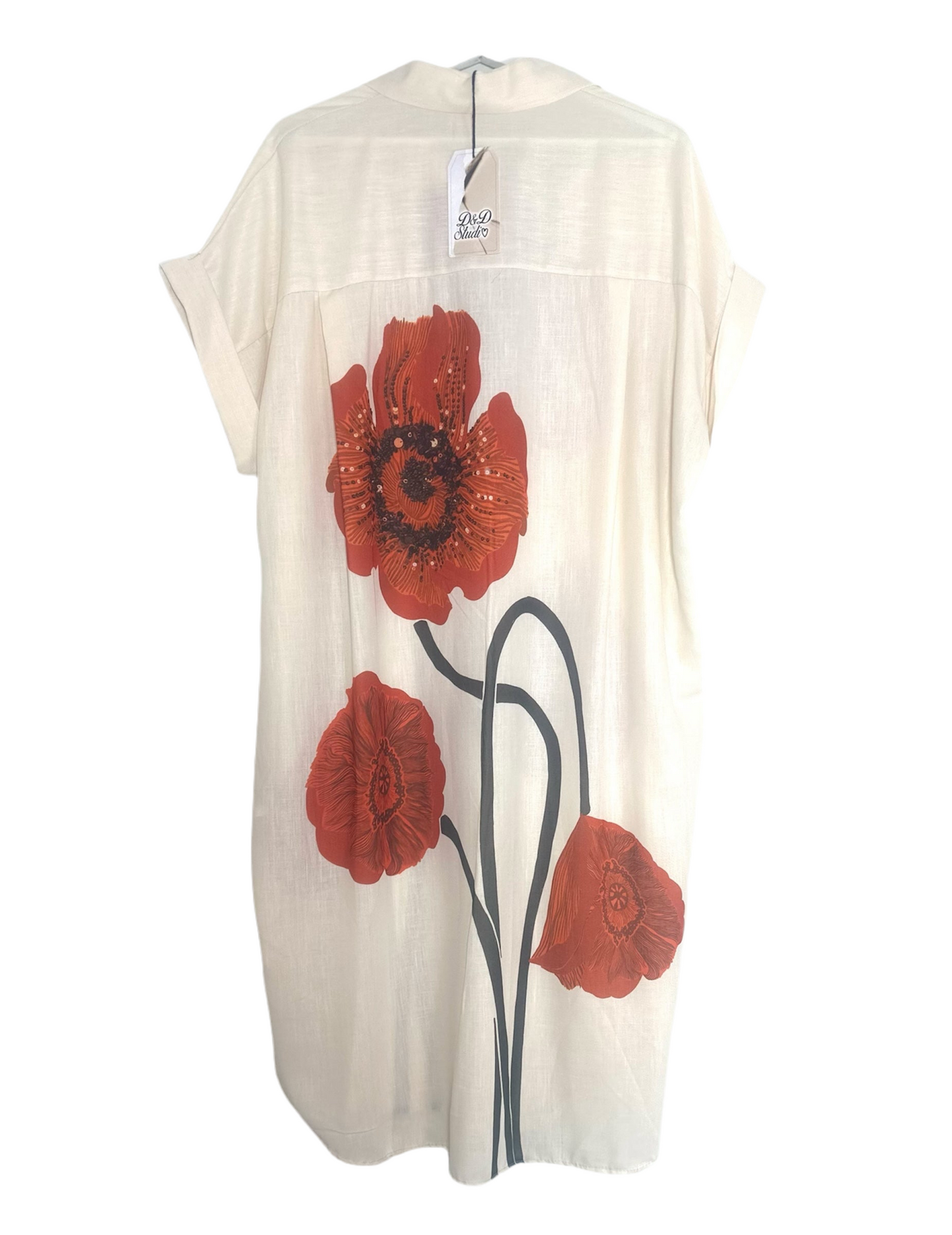 Beige Lenin Red Flowers Dress - (One Size Fits Up to 18/Xl)