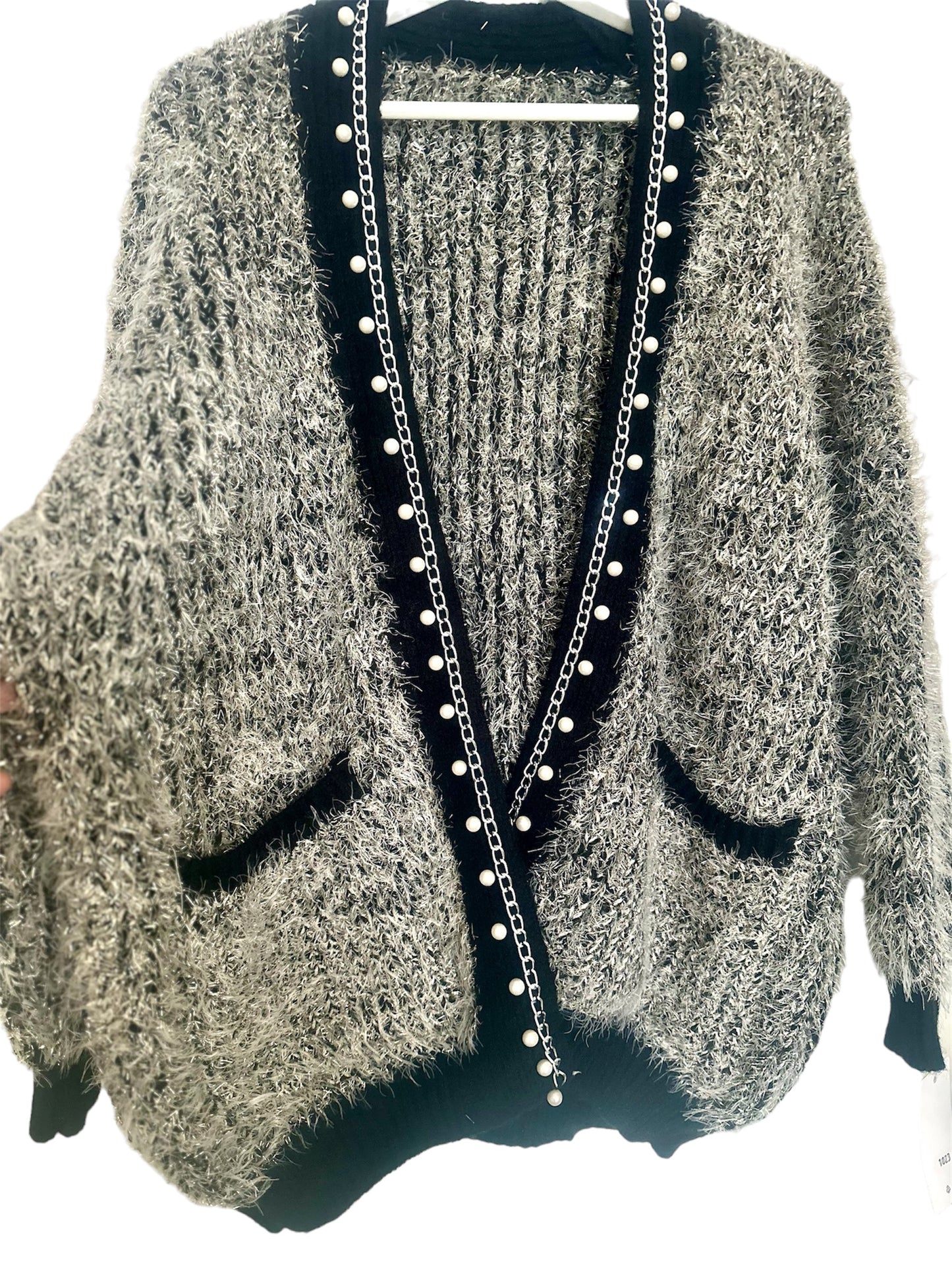 Premium Black Women's Cardigan with Gold and Pearl Details - Made in Italy (One Size Fits Up to Size 16)