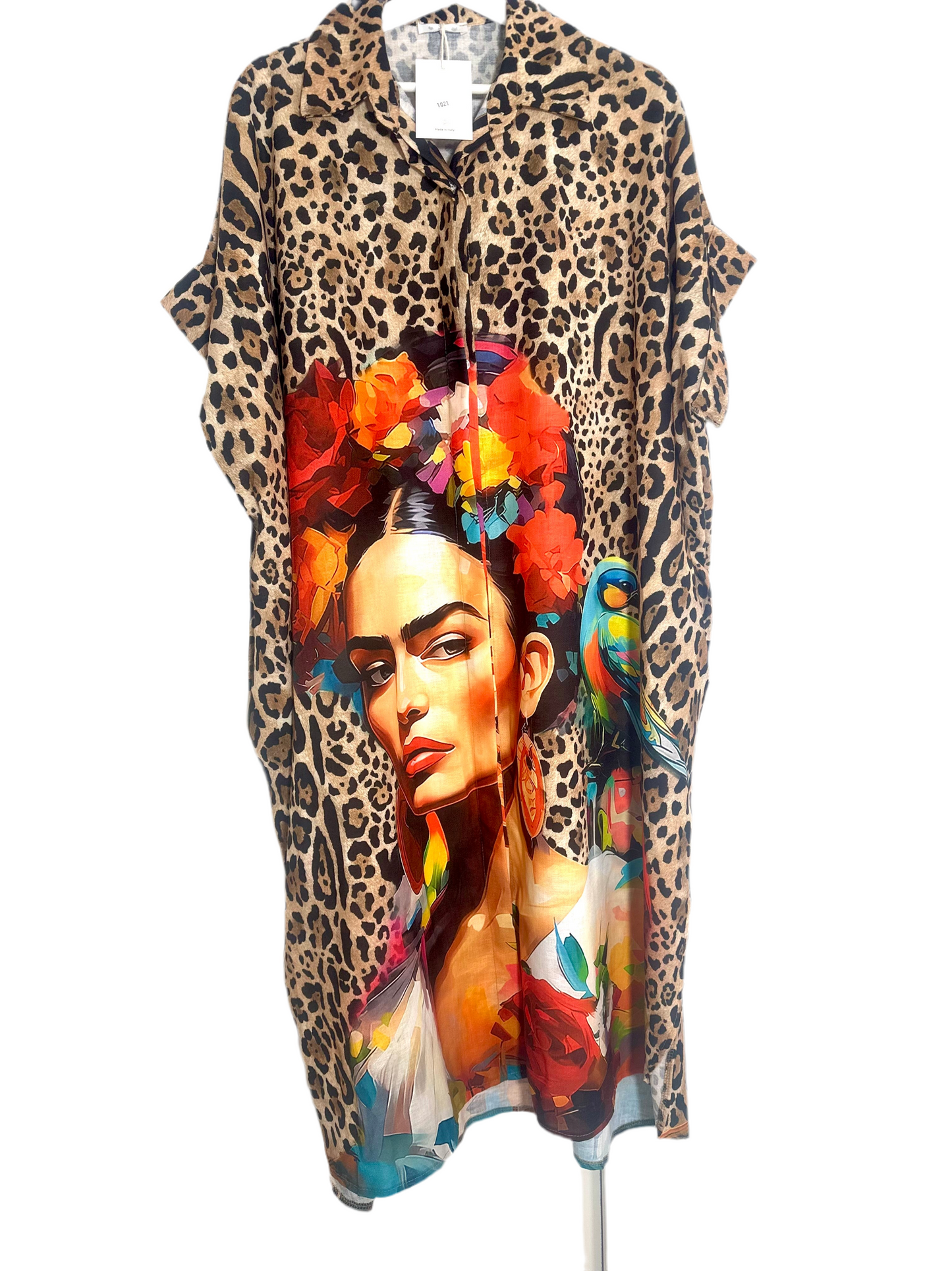 Frida Kahlo and Parrot Print Dress - Made in Italy (One Size Fits Up to 22/2XL)