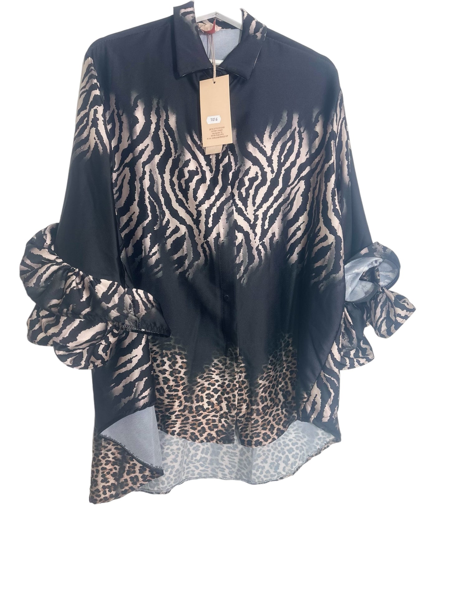 Black zebra and leopard print satin shirt with frill sleeves. Made in Italy (Fits Up to Size 20)