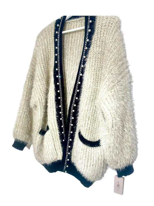 Premium Beige Women's Cardigan with Gold and Pearl Details - Made in Italy (One Size Fits Up to Size 16)