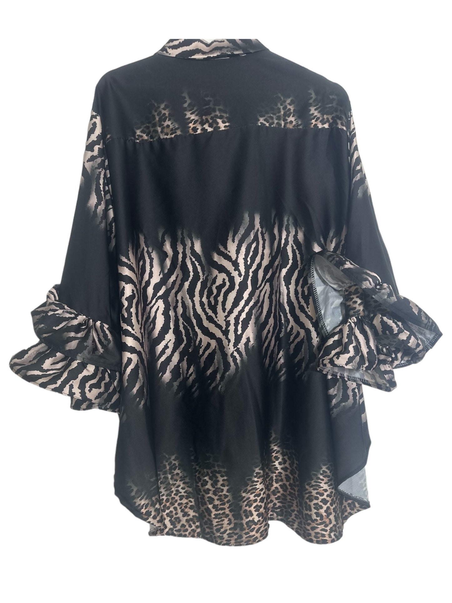 Black zebra and leopard print satin shirt with frill sleeves. Made in Italy (Fits Up to Size 20)