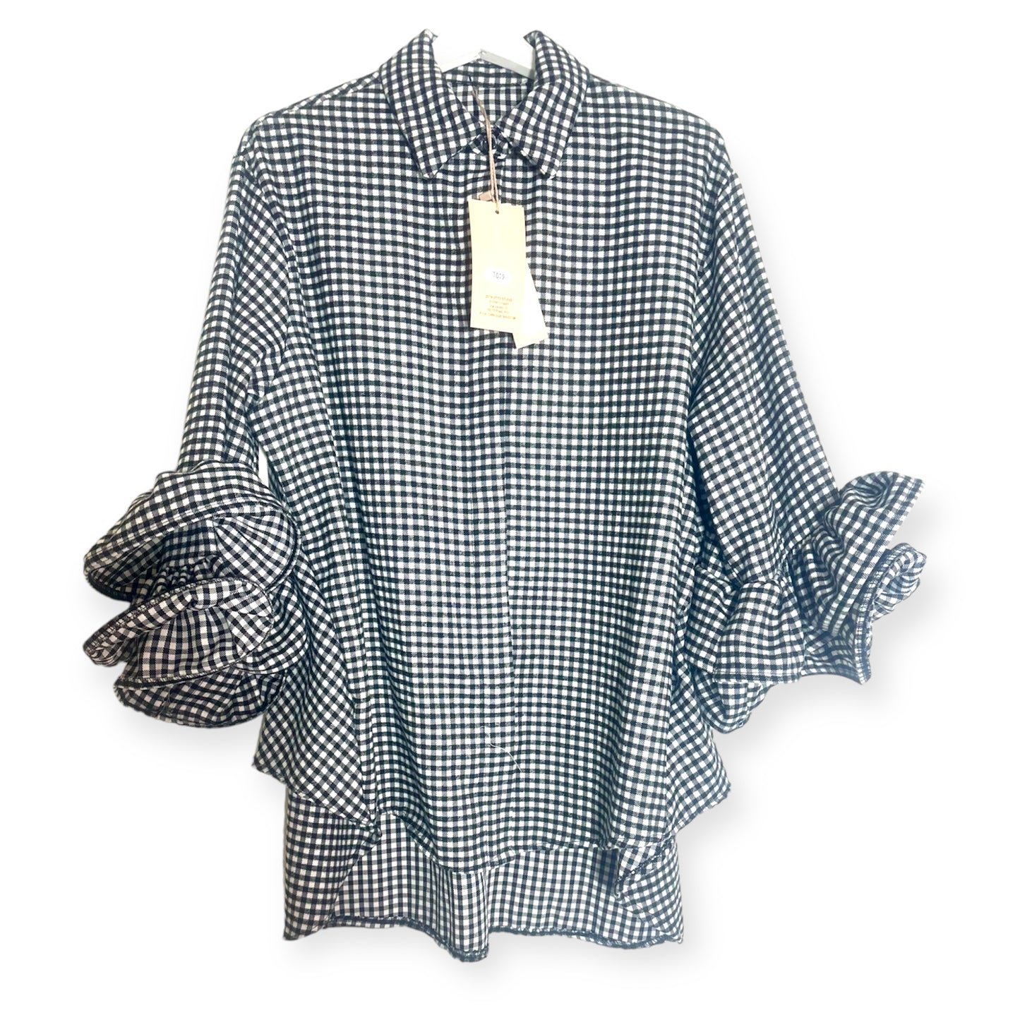 Warm Black and white check longline shirt with frill sleeves - Made in Italy (Fits Up to Size 22/2xl)