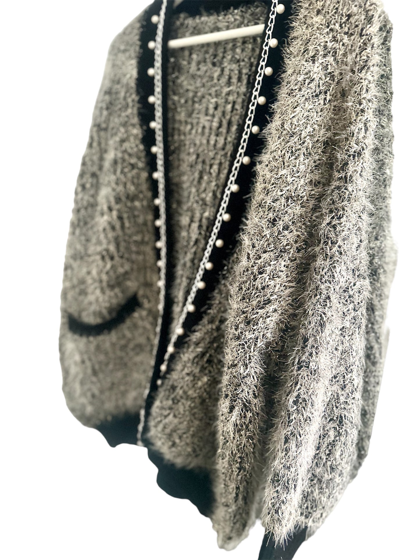 Premium Black Women's Cardigan with Gold and Pearl Details - Made in Italy (One Size Fits Up to Size 16)